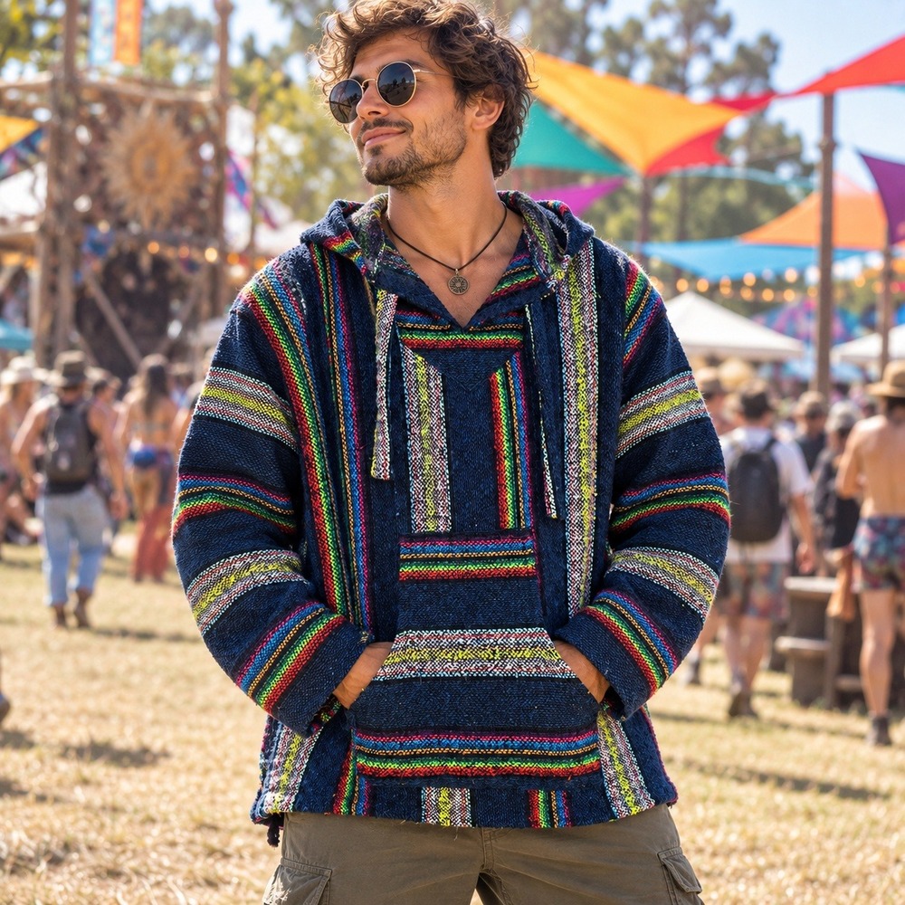Artilana Mexican Baja Hoodie Mens XL Navy Blue Drug Rug Striped Woven Pullover